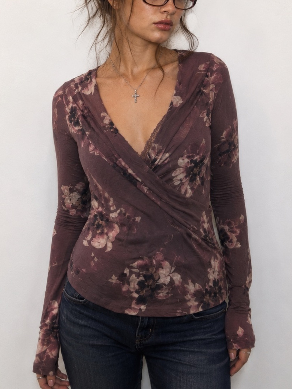 RW&CO. Mauve Floral Wrap-Front Long Sleeve Top